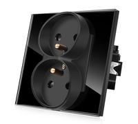 CNBINGO Enchufe francés doble montado al ras en caja de pared, fijación de tornillo y garra, enchufe de vidrio estándar, negro, 86 mm