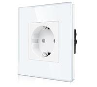 CNBINGO Enchufe individual de cristal empotrable en blanco - Enchufe Schuko simple con seguridad para niños - 16 Amp - Enchufe de pared con contacto de protección con marco de cristal