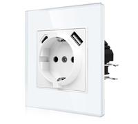 CNBINGO Enchufe individual USB con abrazadera de enchufe, enchufe Schuko de cristal empotrado con USB - 1 × (tipo C y USB-A 2,1 Amp) - blanco enchufe de pared