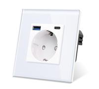 CNBINGO Enchufe puertos USB (Tipo-C y Tipo-A 3.1 Amp total) - Enchufe de pared de contacto de protección de diseño simple con marco de vidrio - Toma USB de empotrar en blanco