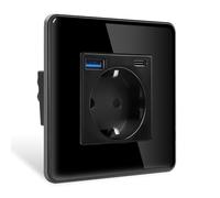 CNBINGO Enchufe Schuko con conector USB tipo C y USB A, 1 compartimento, de cristal, empotrable, negro, con marco de cristal