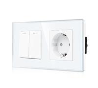 CNBINGO Enchufe Schuko con interruptor de luz, 2 compartimentos, 1 vía, interruptor de luz de cristal, moderno panel de pared de cristal con puntos luminosos, color blanco