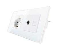 CNBINGO Enchufe Schuko de cristal empotrado con combinación CAT6 red TV, enchufe individual blanco, enchufe de pared simple con marco de cristal