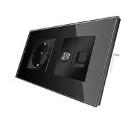 CNBINGO Enchufe Schuko de vidrio empotrable con combinación CAT6 de red TV, enchufe negro individual, enchufe de pared simple con marco de vidrio