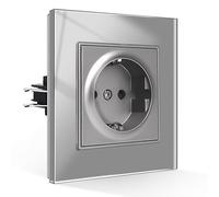 CNBINGO Enchufe Schuko empotrable con garras, enchufe individual de placa de vidrio templado, enchufe de pared de contacto de seguridad gris, 1 compartimento, 16A, 250V