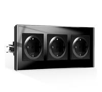 CNBINGO Enchufe triple empotrado con garras, enchufe Schuko con cristal templado, enchufe de pared con toma de tierra negro, 3 enchufes, 16A, 250V