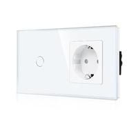 CNBINGO Interruptor de luz de cristal y enchufe Schuko empotrado, interruptor de luz táctil con estado LED, interruptor de pared con marco de cristal, 1 compartimento, color blanco