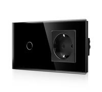 CNBINGO Interruptor de luz de cristal y enchufe Schuko empotrado, interruptor de luz táctil con estado LED, interruptor de pared con marco de cristal, 1 compartimento, color negro