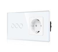 CNBINGO Interruptor de luz de cristal y enchufe Schuko empotrado, interruptor de luz táctil con estado LED, interruptor de pared con marco de cristal, 3 capas, color blanco