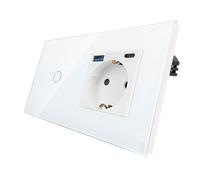 CNBINGO Interruptor de luz táctil con enchufe Schuko con puertos USB (tipo C y tipo A 3,1 amp total) - Enchufe USB empotrado, interruptor de pared de cristal simple en blanco - 1 vía