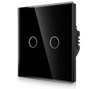 CNBINGO Interruptor de luz táctil empotrado en negro - Doble interruptor de pared con LED de estado y panel de cristal - Sin cable neutro - Táctil doble - 500 W/compartimento