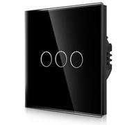 CNBINGO Interruptor de luz táctil empotrado en negro - Triple con LED de estado y panel de cristal - No requiere cable neutro - 3 vías - 500 W/compartimento