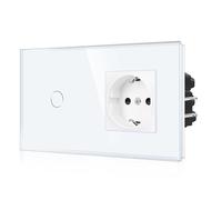 CNBINGO Interruptor de luz táctil y Enchufe con Terminal enchufable Enchufe Schuko Interruptor de Pared Simple Empotrado con Estado LED y Panel de Vidrio 1 Compartimento Blanco