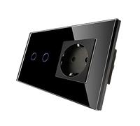 CNBINGO Interruptor regulador con enchufe Schuko empotrado - Interruptor regulador para luces LED - Interruptor táctil doble en negro - Interruptor de pared con marco de cristal y LED de estado Nuevo