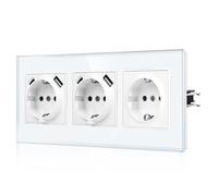 CNBINGO JFGM2 - Enchufe triple USB con garras - Enchufe Schuko de cristal empotrado con conector USB - 2 × (tipo C y USB-A máx. 2,1 Amp) - Enchufe de pared triple blanco con seguridad para niños