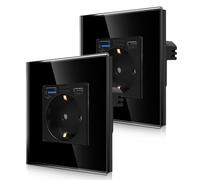 CNBINGO Pack de 2 Base de Enchufe Individual con 2 x Puertos USB de Carga rápida - 1 x (Tipo C y USB-A máx. Total 3,1 A) - Base de Enchufe Schuko de Cristal Sencilla de empotrar - Toma de Pared Negra
