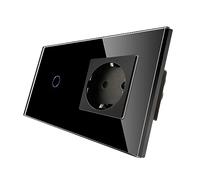 CNBINGO Schuko Secke interruptor- panel de vidrio de sistema táctil y LED de estado - 1 bandas de 1 vía Switch - Interruptor táctil Negro y enchufe - No se requiere una escalera neutral