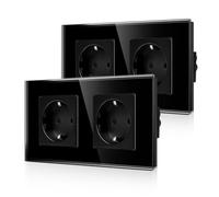 CNBINGO Toma de corriente doble empotrada, enchufe Schuko doble con seguridad infantil, toma de corriente de 16 amperios con marco de cristal, 2 unidades