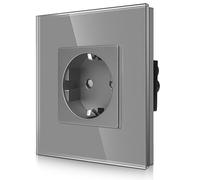 CNBINGO Toma de pared empotrable de vidrio individual en gris - Simple enchufe Schuko con protección para niños - Enchufe de pared de 16 A con marco de vidrio