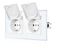 CNBINGO Zócalo doble impermeable con tapa, enchufe Schuko con garras, doble toma de corriente con placa de vidrio, estándar de la UE, enchufe empotrable con tapa abatible, 2 veces, blanco