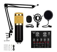 CNBYDK Micro Paquete de Condensador, Kit de micrófono Bm-800 con Tarjeta de Sonido en Vivo, Brazo de Tijera de suspensión de micrófono Ajustable, Soporte de Choque de Metal y fi