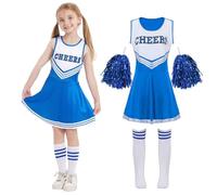 Cnexmin - Disfraz de animadora para niñas, Uniforme de pompón y niña, disfraz con pompones, mangas, disfraz de cheer líder halloween carnaval, 3 - 12 años, azul, 110 cm