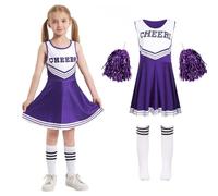 Cnexmin - Disfraz de animadora para niñas, Uniforme de pompón y niña, disfraz con pompones, mangas, disfraz de cheer líder halloween carnaval, 3 - 12 años, malva, 120 cm