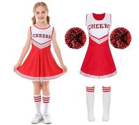Cnexmin - Disfraz de animadora para niñas, Uniforme de pompón y niña, disfraz con pompones, mangas, disfraz de cheer líder halloween carnaval, 3 - 12 años, rojo, 150 cm