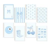 CNhoqc Cuaderno de espiral azul - 8 piezas A5 azul acuarela coqueta lazo cereza páginas rayadas tapa dura cuaderno de asuntos cuaderno de asuntos para el trabajo, la escuela, tomar notas, mujeres y
