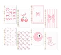 CNhoqc Cuaderno de espiral rosa - 8 piezas A5 rosa acuarela coqueta lazo cereza páginas rayadas universitarias tapa dura espiral cuaderno de notas para tomar notas en el trabajo escuela separadores
