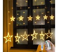 CNMTCCO - Guirnalda de cortina de estrellas, USB con 12 estrellas, 8 modos luminosos, mando a distancia, luz blanca cálida para Navidad, ventana, dormitorio, fiesta (1,5 x 1,2 m)