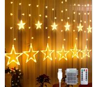 CNMTCCO Luces navideñas de interior, 12 luces en forma de estrella, 2,5 m x 1 m luces navideñas con 8 funciones, temporizador, USB y caja de batería (Blanco Cálido)