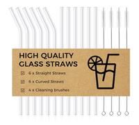 CNMTCCO Pajitas de Vidrio Reutilizables, 20 cm Pajitas de Vidrio Largas, Set de 16 6 Rectas + 6 Curvas + 4 Cepillos Limpiadores, Pajitas de 1,5 mm de grosor para Cócteles, Smoothies, Zumos