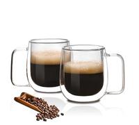 CNNIK Latte Macchiato - Juego de 2 vasos de café de doble pared con cuchara, posavasos de capuchino, tazas de café, 2 unidades, 350 ml, vasos de doble pared con cuchara, posavasos de capuchino