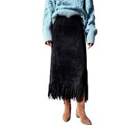 Cnrfeoap Falda larga favorecedora de cintura alta para mujer, corte recto, detalle de flecos, ante sintético para negocios, ocio, otoño, invierno, comodidad, Negro, M