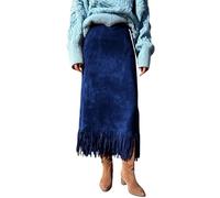 Cnrfeoap Falda larga favorecedora de cintura alta para mujer, corte recto, detalle de flecos, ante sintético para negocios, ocio, otoño, invierno, comodidad, azul oscuro, M