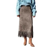 Cnrfeoap Falda larga favorecedora de cintura alta para mujer, corte recto, detalle de flecos, ante sintético para negocios, ocio, otoño, invierno, comodidad, gris oscuro, XXL