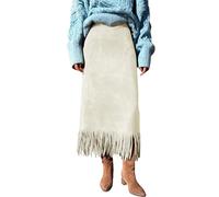 Cnrfeoap Falda larga favorecedora de cintura alta para mujer, corte recto, detalle de flecos, ante sintético para negocios, ocio, otoño, invierno, comodidad, beige, L