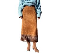 Cnrfeoap Falda larga favorecedora de cintura alta para mujer, corte recto, detalle de flecos, ante sintético para negocios, ocio, otoño, invierno, comodidad, marrón claro, S