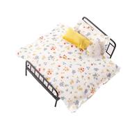 Cnrfeoap Juego de cama y ropa de cama de hierro realista rural con almohada de edredón escala 1/12, casa de muñecas, decoración de escena de dormitorio, muebles de casa de muñecas