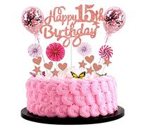 Cnrose 15th Birthday Girl Cake Topper Hello 15 Cake Topper Oro rosa con corazón Estrella Globo 15th Birthday Girl Happy 15th Birthday Cake Topper 15 Year Girl 15th Birthday Girl