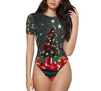 CNTDBU Body de manga corta para mujer, diseño de árbol de Navidad, suave, elástico, cuello redondo, con entrepierna a presión, parte superior versátil para jeans, faldas, pantalones, uso diario, Negro