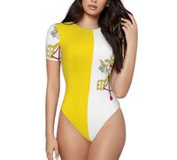 CNTDBU Body de manga corta para mujer, diseño de bandera del Vaticano, suave, elástico, cuello redondo, con entrepierna a presión, versátil para jeans, faldas, pantalones, uso diario, Negro, XXL