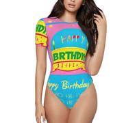 CNTDBU Body de manga corta para mujer, diseño de globo de feliz cumpleaños, suave, elástico, cuello redondo, con entrepierna a presión, parte superior versátil para jeans, faldas, pantalones, uso