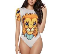 CNTDBU Body de manga corta para mujer, diseño de león de dibujos animados, suave, elástico, cuello redondo, con entrepierna a presión, versátil para jeans, faldas, pantalones, uso diario, Negro, M