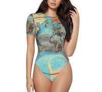 CNTDBU Body de manga corta para mujer, diseño de mapa del mundo, suave, elástico, cuello redondo, con entrepierna a presión, versátil para jeans, faldas, pantalones, uso diario, Negro, S