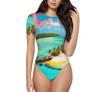 CNTDBU Caribbean Scenery - Body de manga corta para mujer, suave, elástico, cuello redondo, con entrepierna a presión, versátil para jeans, faldas, pantalones, uso diario, Negro, L