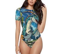 CNTDBU Cute Dinosaur - Body de manga corta para mujer, suave, elástico, cuello redondo, con entrepierna a presión, parte superior versátil para jeans, faldas, pantalones, uso diario, Negro, M