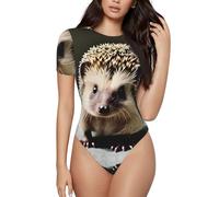 CNTDBU Cute Hedgehog - Body de manga corta para mujer, suave, elástico, cuello redondo, con entrepierna a presión, parte superior versátil para jeans, faldas, pantalones, uso diario, Negro, XXL