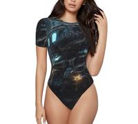 CNTDBU Future Robot - Body de manga corta para mujer, suave, elástico, cuello redondo, con entrepierna a presión, versátil para jeans, faldas, pantalones, uso diario, Negro, XXL